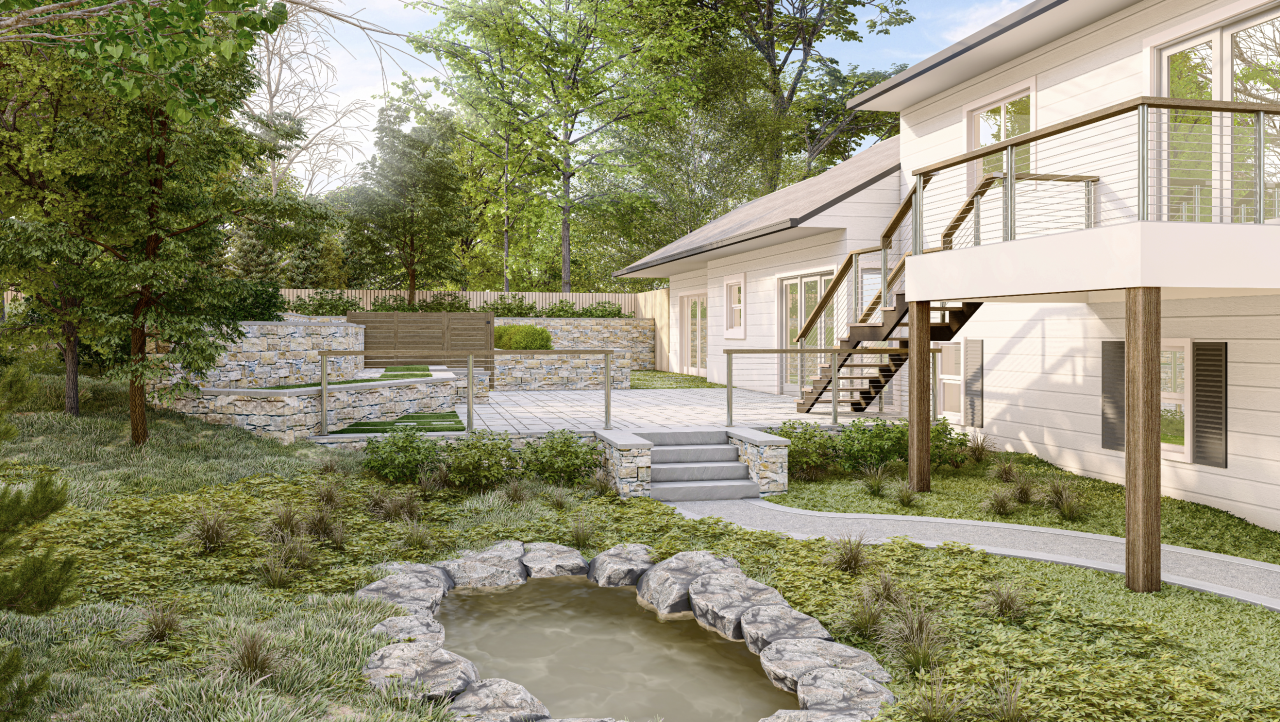 Professional 3D rendering of a backyard landscape design.