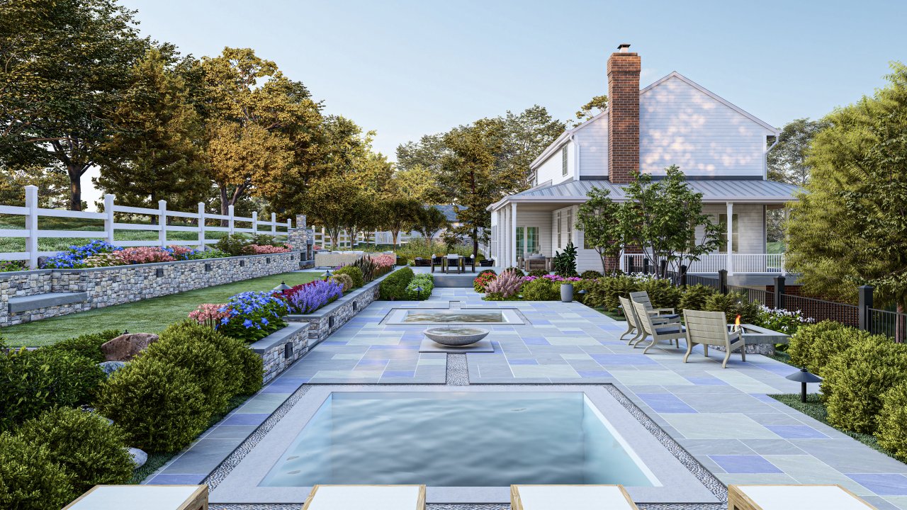 Professional 3D rendering of a modern backyard landscape design with pool.