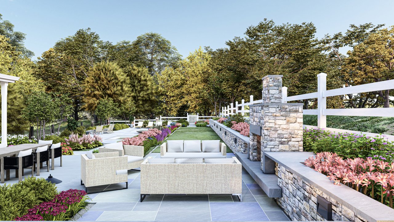 Professional 3D rendering of a modern backyard garden design.